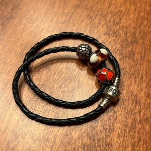 Pandora Black Leather Rope Bracelet with 3 Charms